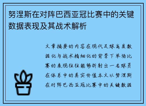 努涅斯在对阵巴西亚冠比赛中的关键数据表现及其战术解析